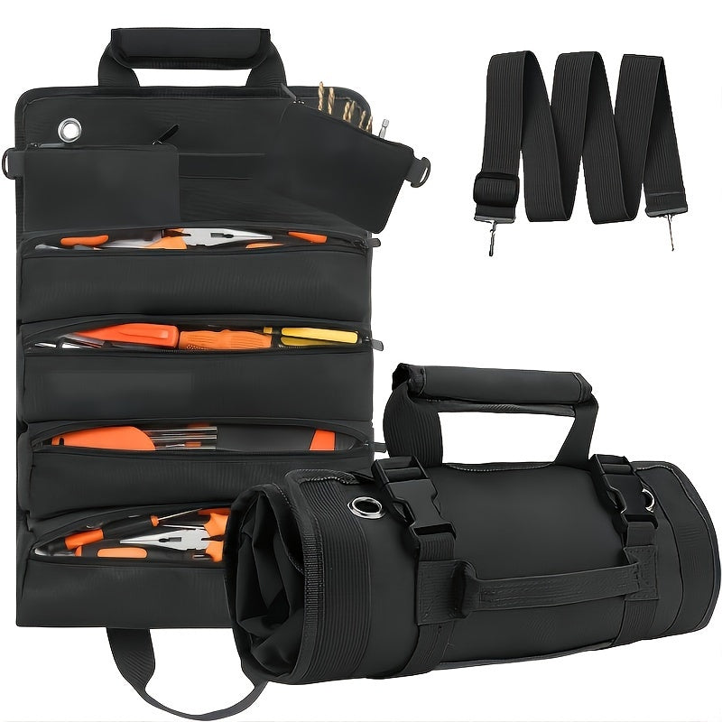 Durable roll-up tool bag for electricians and mechanics with waterproof fabric, multiple compartments, and adjustable shoulder strap in green.