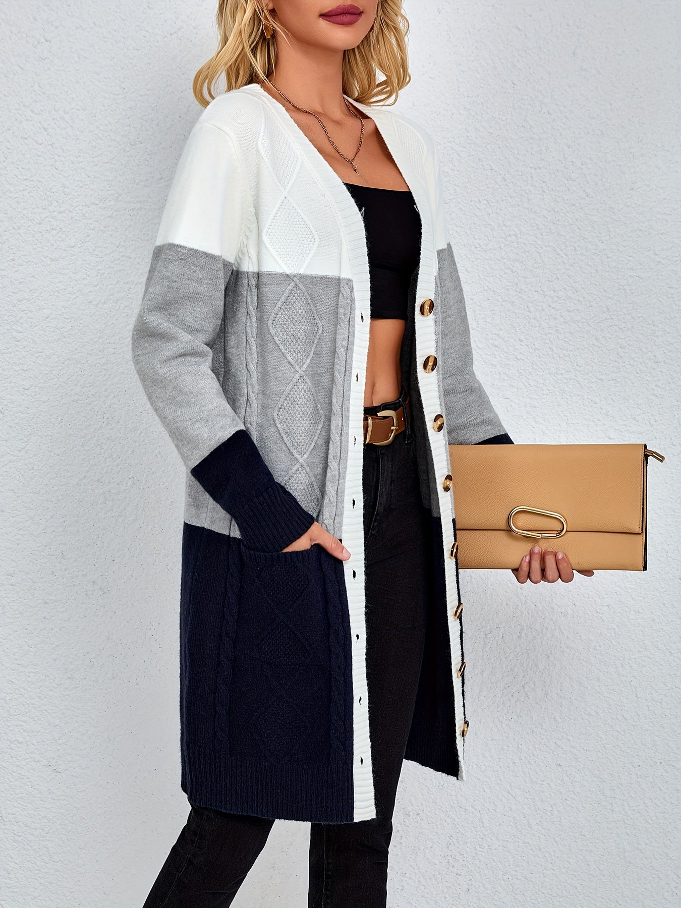 Elegant V Neck Color Block Cardigan for Women