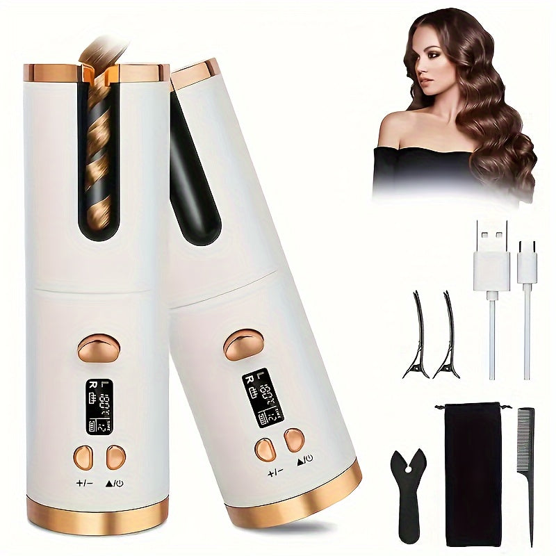 5 heat settings auto-curler with ceramic coating, anti-scald technology, tangle-free design, and quick charge USB rechargeable lithium battery. Ideal for styling, special occasions, and