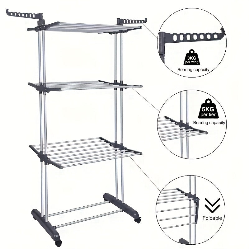 Expandable and foldable 3-tier metal clothes rack for indoor/outdoor use. Freestanding and space-saving design perfect for balcony storage and home laundry drying.