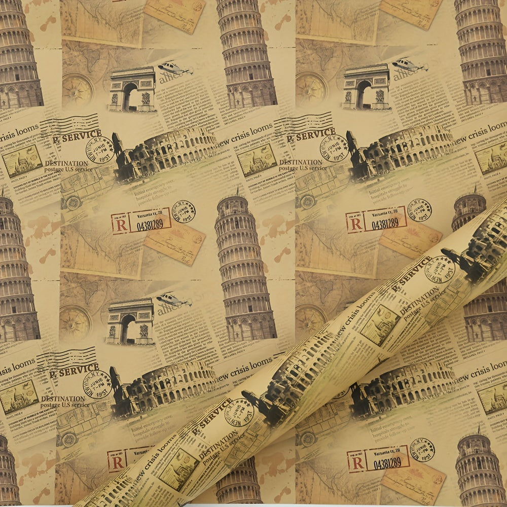 Kraft paper packaging with vintage English newspaper design, featuring creative Eiffel Tower and bicycle prints.