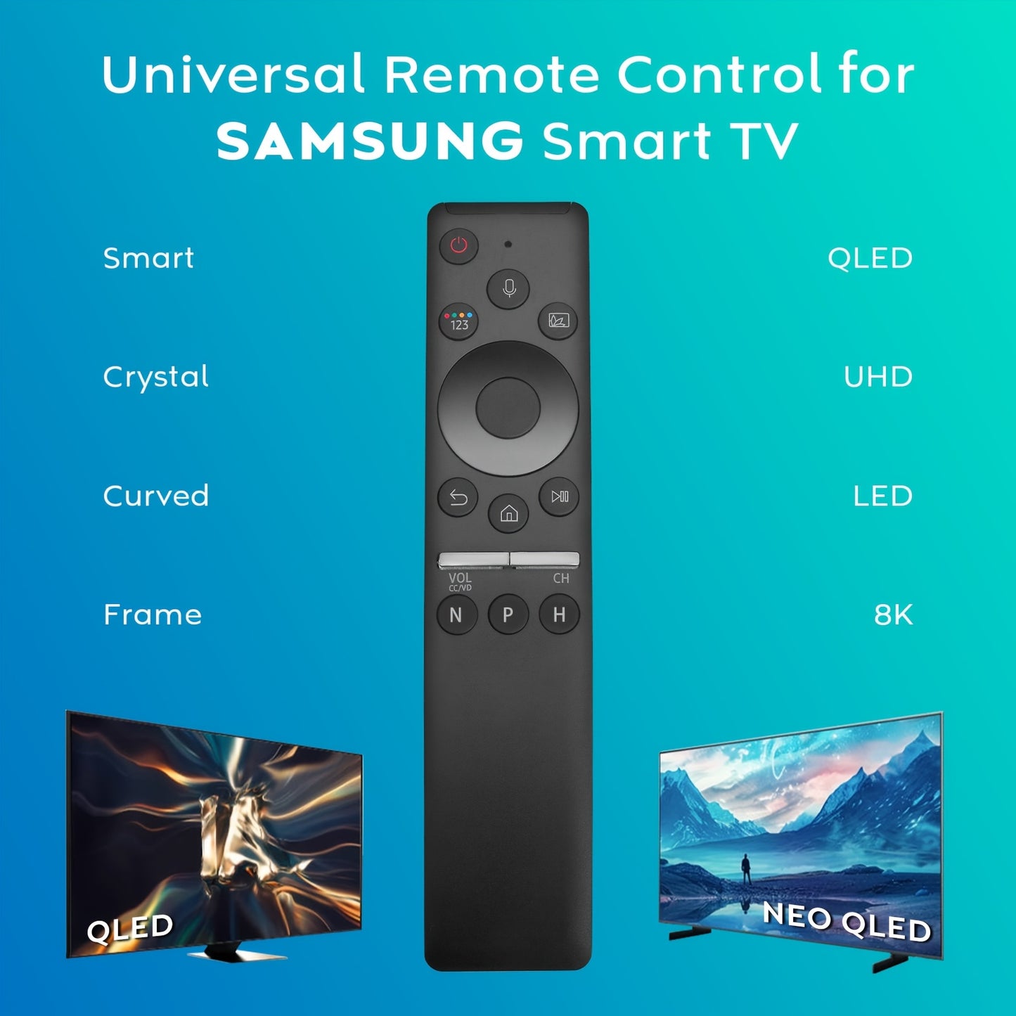 Voice remote control with ergonomic design, smart curved frame, QLED LED LCD, and easy pairing for all TVs, compatible with 8K/4K.