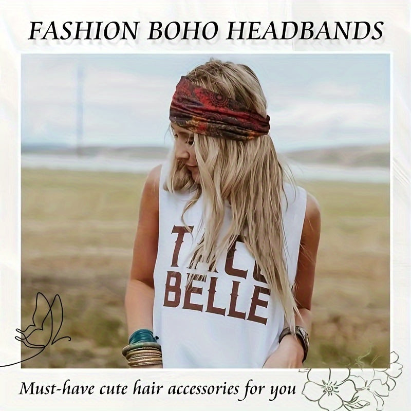 Stylish Boho Headbands for Women - Polyester Knit Crochet Tie Headband - Elastic Sports Headband with Printed Design - Fashion Hair Accessory for Yoga and Running - Perfect for Thanksgiving