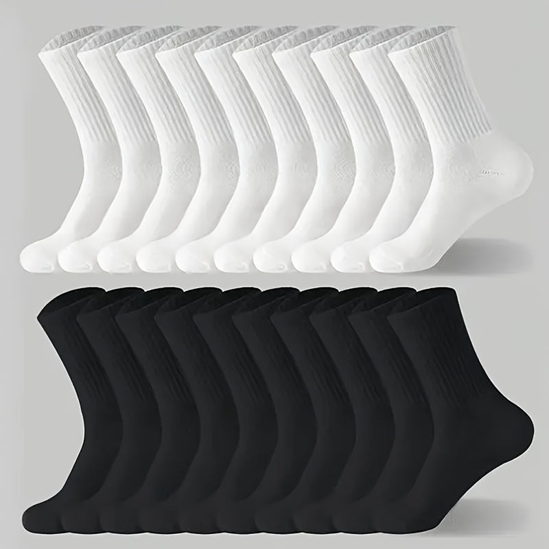 10 pairs of simple and comfortable mid-calf black and white socks, suitable for autumn and winter, for both men and women.