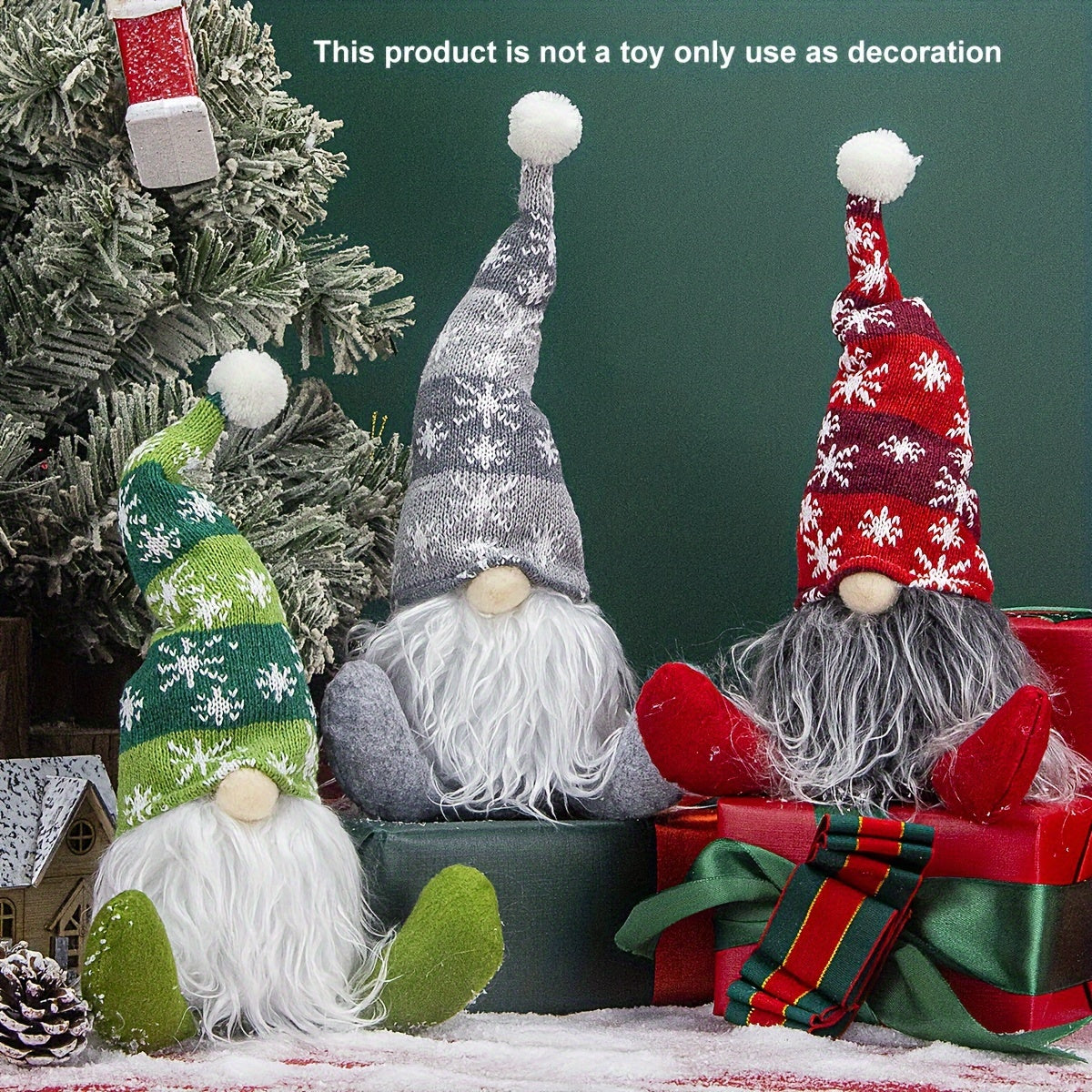 Christmas scene with an old man sitting in a snowflake hat and mustache, surrounded by props and decorations on Christmas Eve.