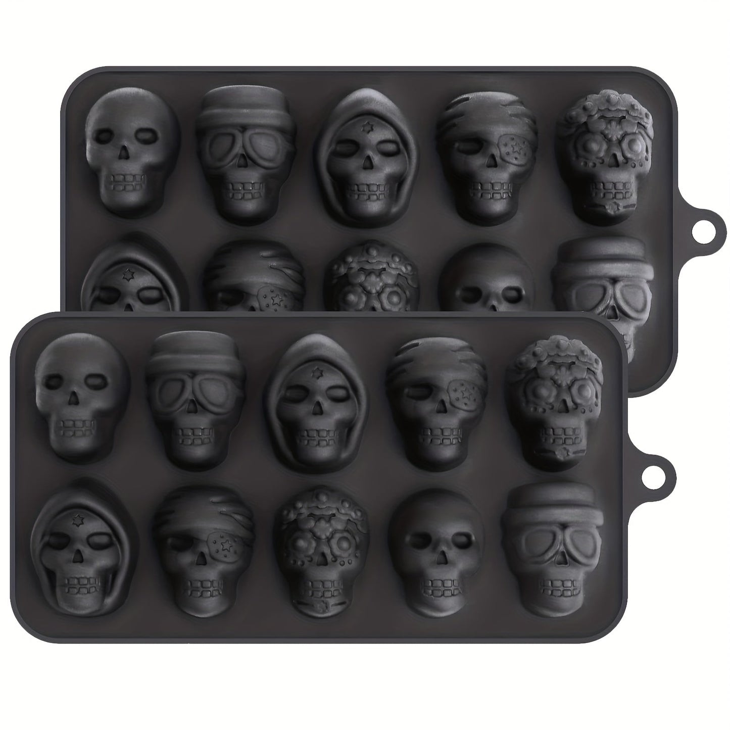 One piece or two pieces of a Halloween skull chocolate mold, featuring a 3D silicone design with 10 cavity candy mold for horror skull fondant. This baking tool is a kitchen gadget and accessory that also serves as Day of the Dead decor, measuring 4.32cm