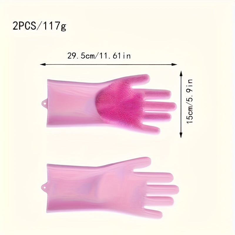 Get two durable and waterproof silicone dishwashing gloves in pink and blue colors. These ambidextrous gloves are BPA and lead-free, making them safe for use in the kitchen, bathroom, outdoors, and even in your car. They are wear-resistant and perfect