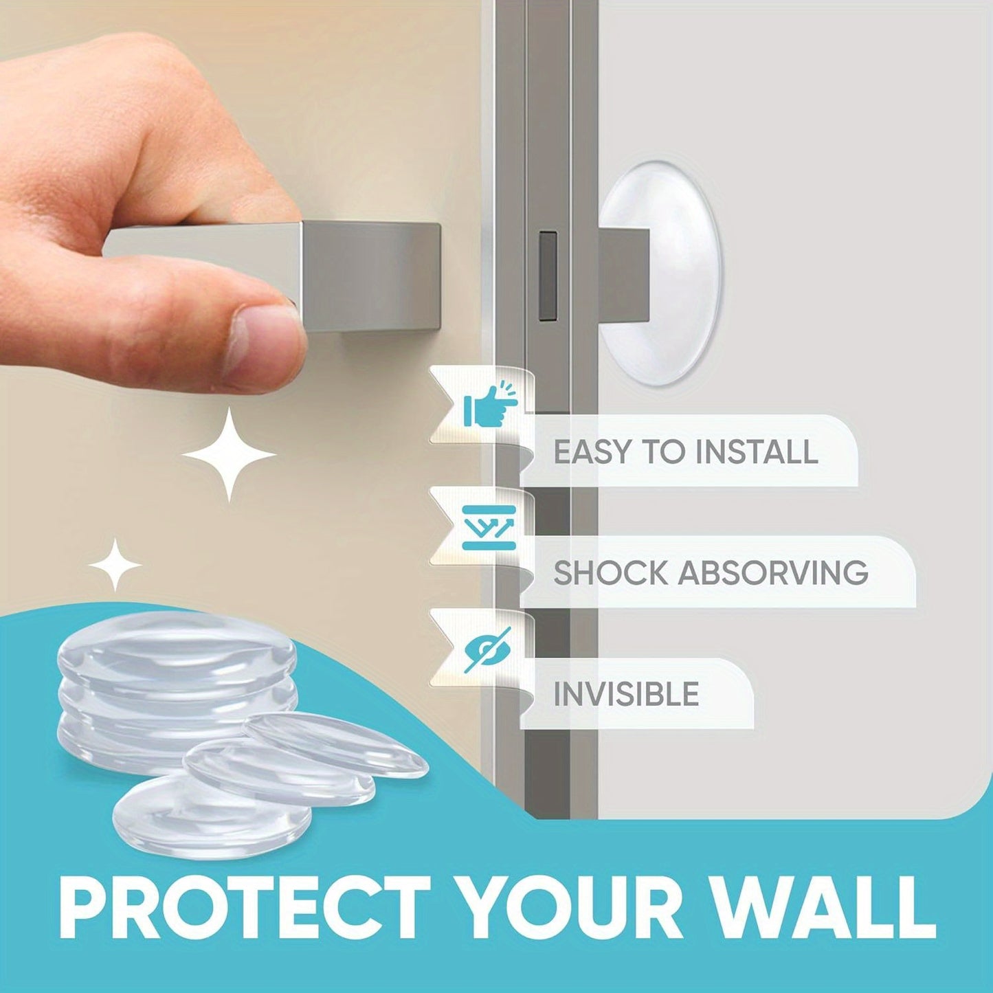 6 self-adhesive door stop wall protectors: clear, shock-absorbing, noise-reducing. Easy to install, reusable for home and office.