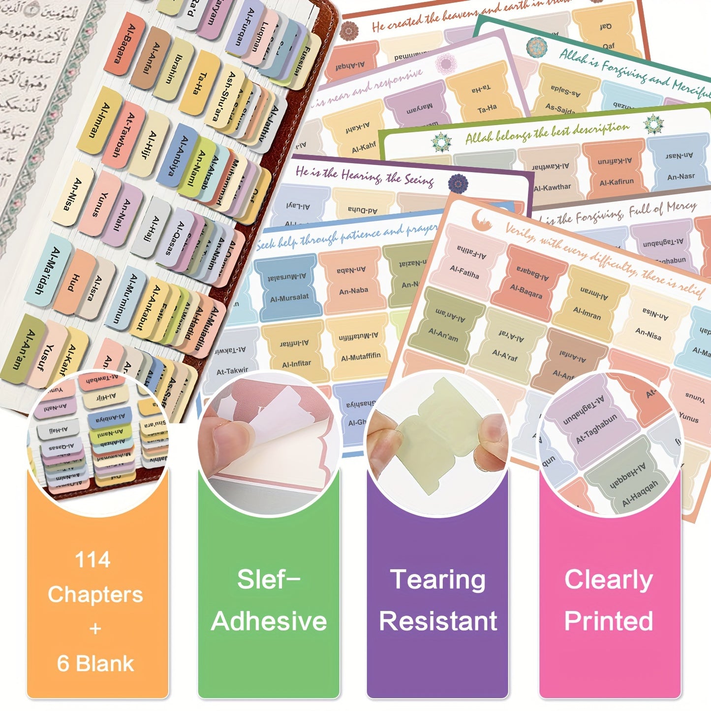 Self-adhesive Quran chapter tabs with tear-resistant clear printing for easy navigation and decoration, includes 114 chapter tabs and 6 blank tabs.