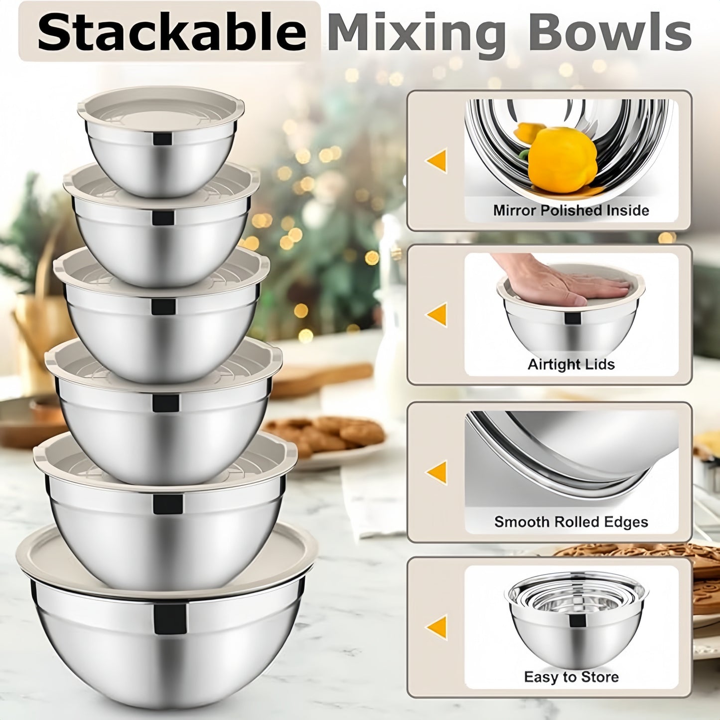 Get ready for any holiday meal with this complete set of 15 stainless steel mixing bowls, each with airtight lids for storage. The set includes 3 grater attachments for added versatility. These rust-resistant metal bowls are dishwasher safe and ideal for