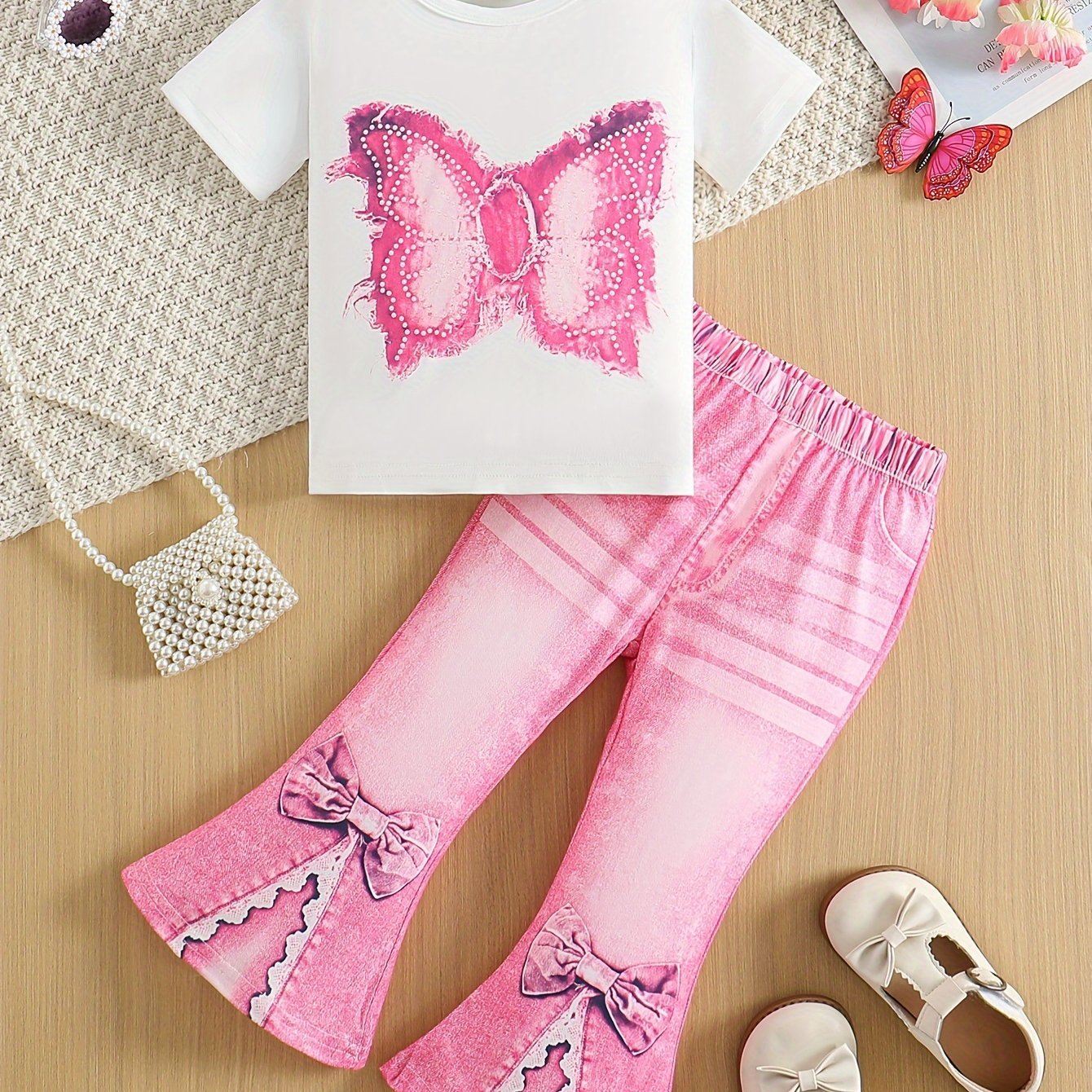 Set of 2: Butterfly short sleeve top and split denim micro bell pants