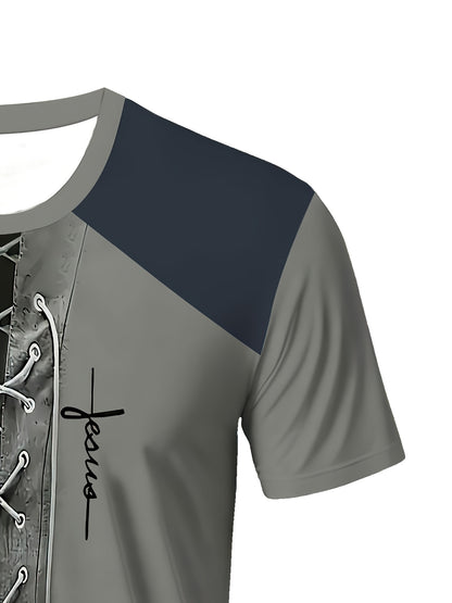 [Plus Size Men's Breathable Mesh 3D Print T-Shirt] Casual crew neck tee in dark green with black & gray accents, machine washable.