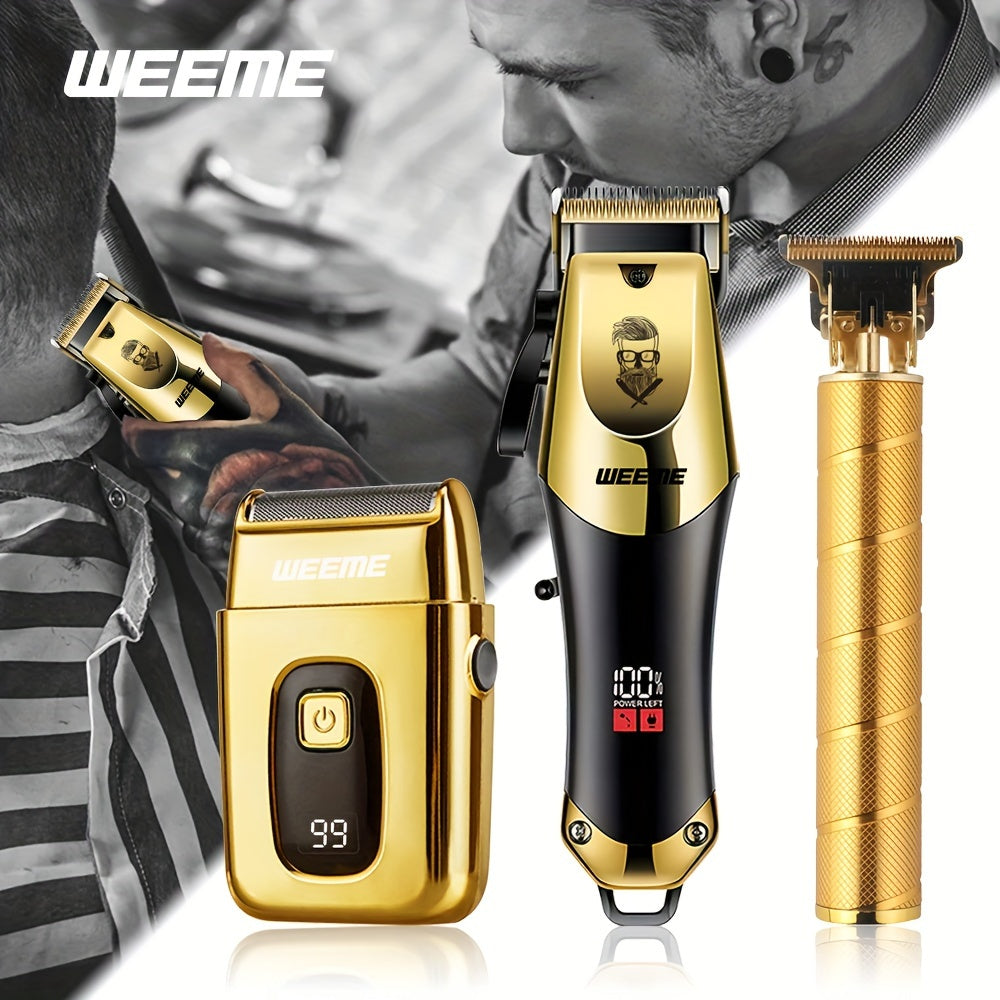 Golden hair cutting set for men includes professional clipper, razor, and trimmer. USB rechargeable with LCD display. Perfect gift for fathers, boyfriends, Father's Day, birthdays, and