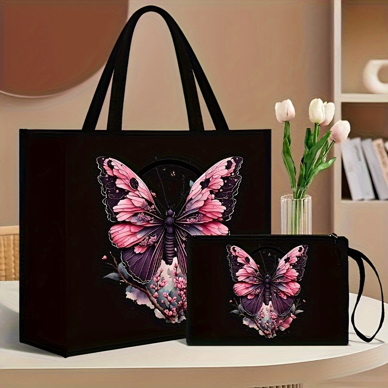 2-piece set consisting of a canvas tote bag with wallet, featuring butterfly and floral print, foldable and durable, fixed shoulder straps, polyester lining, kiss lock closure, geometric