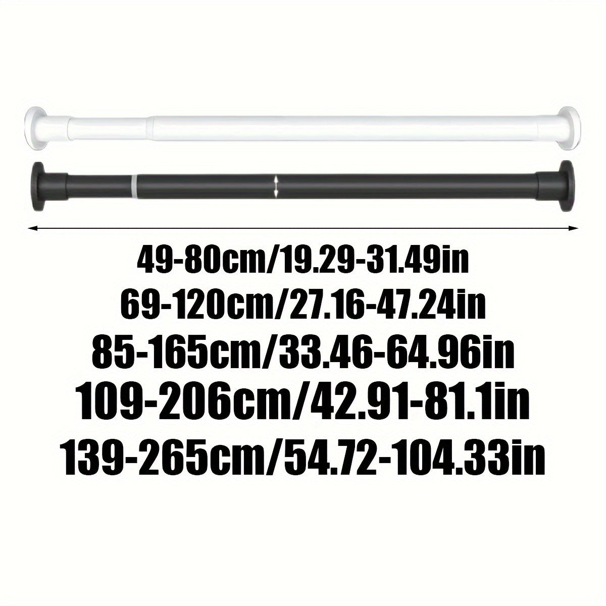 Telescopic rod with built-in spring provides strong gravity support for various uses such as shower curtains, drying racks, window treatments, Roman rods, and wardrobe support.