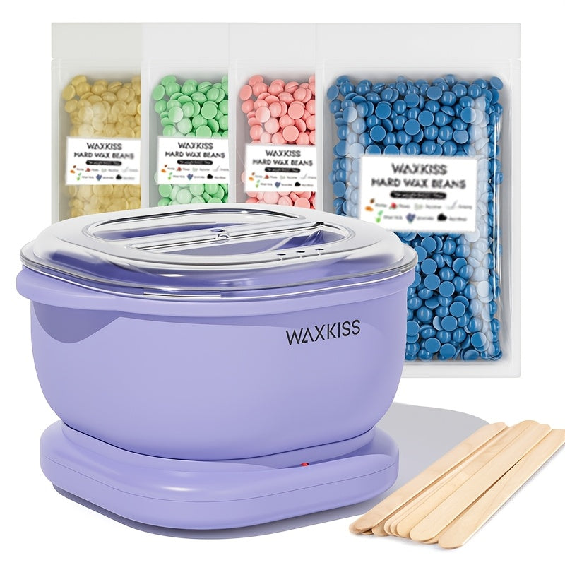 WAXKISS Purple Silicone Wax Warmer Kit with 500ml capacity, includes Hard Wax Beads & Wooden Sticks for hair removal. Suitable for salon and home use.