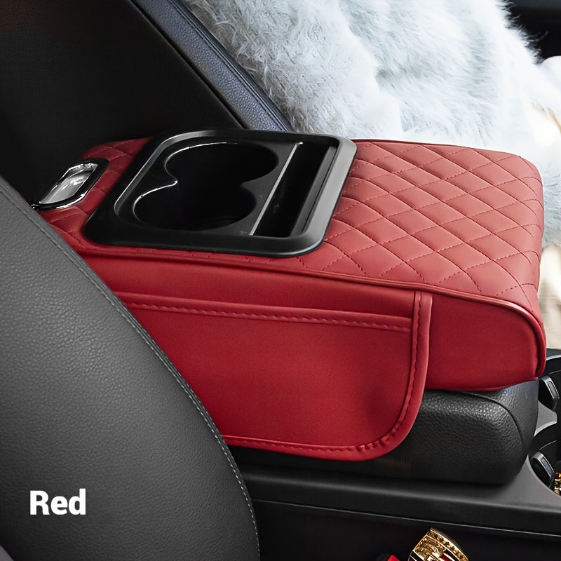 Luxurious PU leather armrest pad with cup holder, tissue box, and storage solutions for enhanced comfort and style.