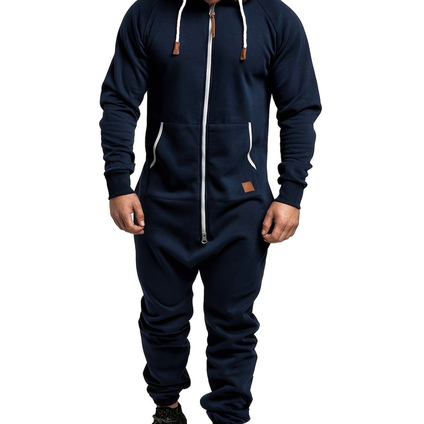 Men's Winter Pajama Jumpsuit - Solid color, long sleeved knit fabric, 100% polyester, hooded collar, with pockets and slight stretch. Comfortable lounge wear.