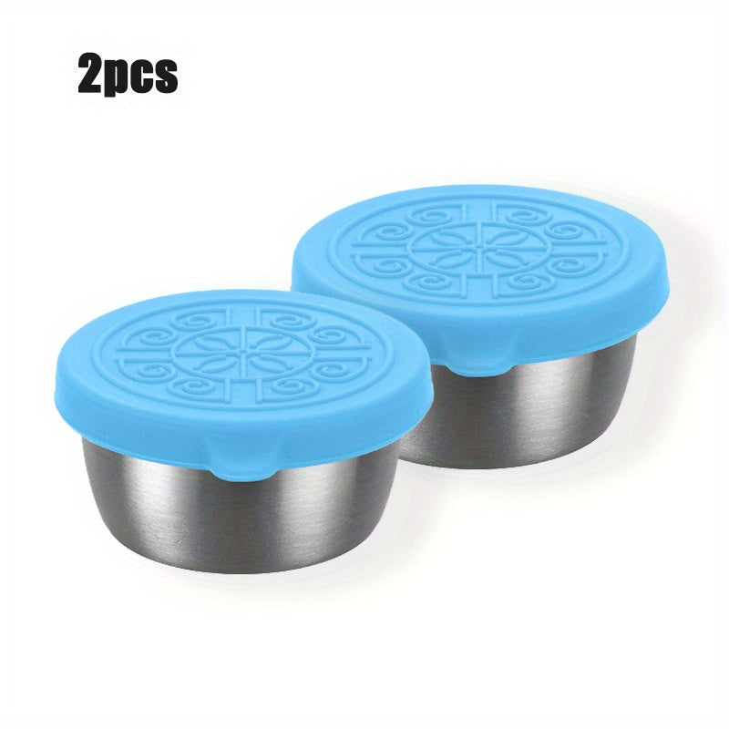 1pc/6pcs of 1.6oz reusable sauce cups with leakproof silicone lids, perfect for salad dressing on-the-go. Ideal for school, bento lunch boxes, restaurants, picnics, and travel. Stainless steel condiment cups.