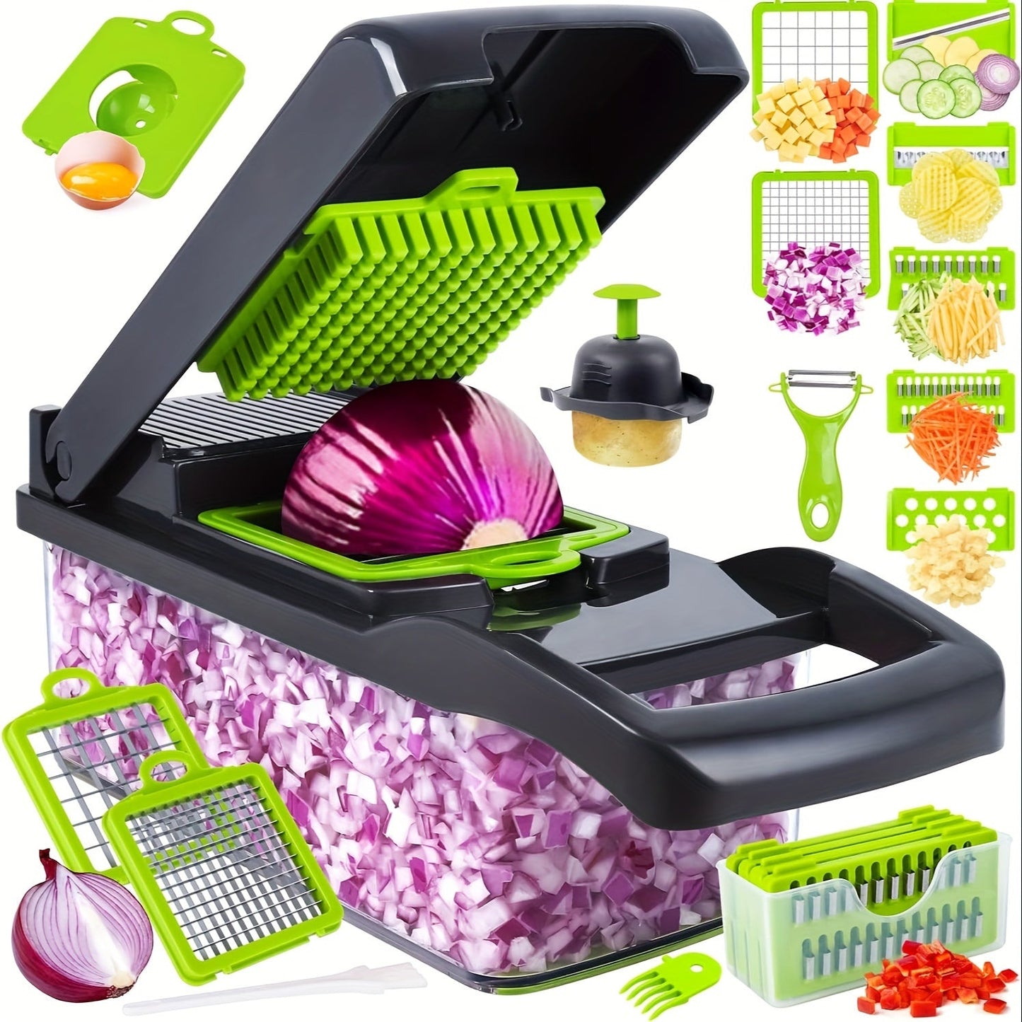 Get ready for all your holiday cooking with the 16-in-1 Multifunctional Vegetable Chopper & Slicer Set! This set includes 8 blades, an onion mincer with a container, making it perfect for Halloween, Christmas, Easter, and Thanksgiving meals. This