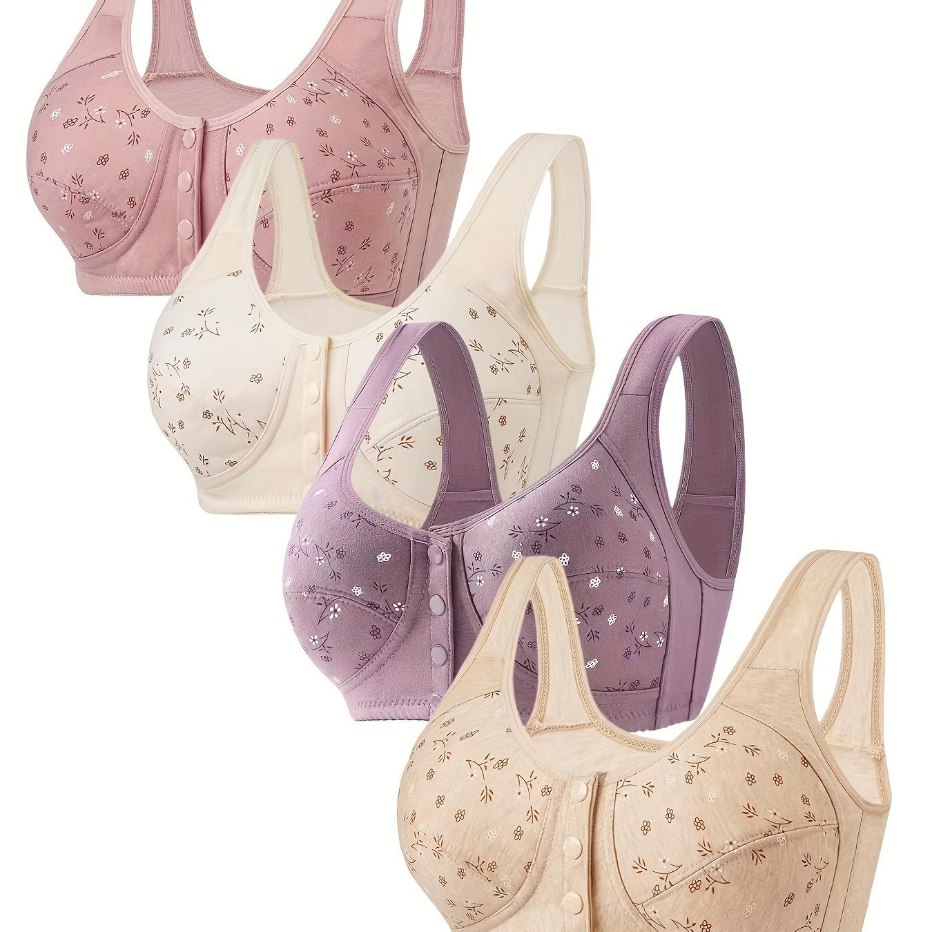 4-pack of mature style wireless bras with front clasp, light padding, and beautiful back design.