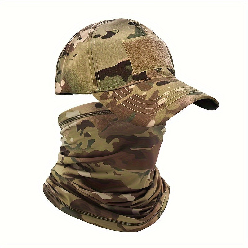 Camouflage baseball cap with cooling neck gaiter and UV protection mask for men and women, suitable for outdoor activities.