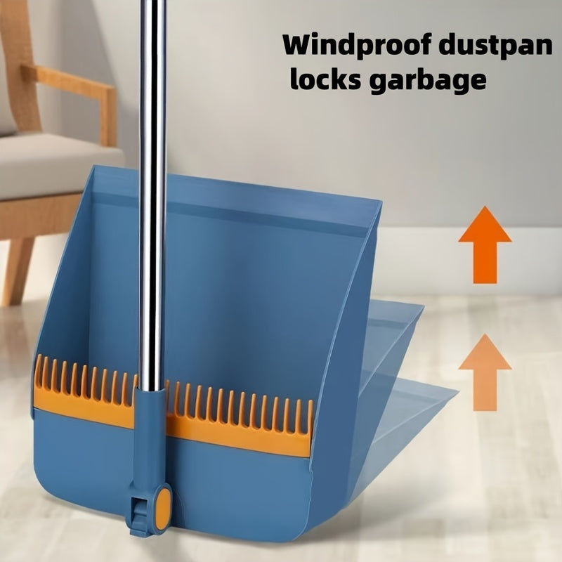 A versatile broom set consisting of three pieces: a broom, dustpan, and hanging water board. The broom features a 360-degree bendable brush head with windproof design and dense bristles, making it ideal for cleaning furniture. Perfect for use in home