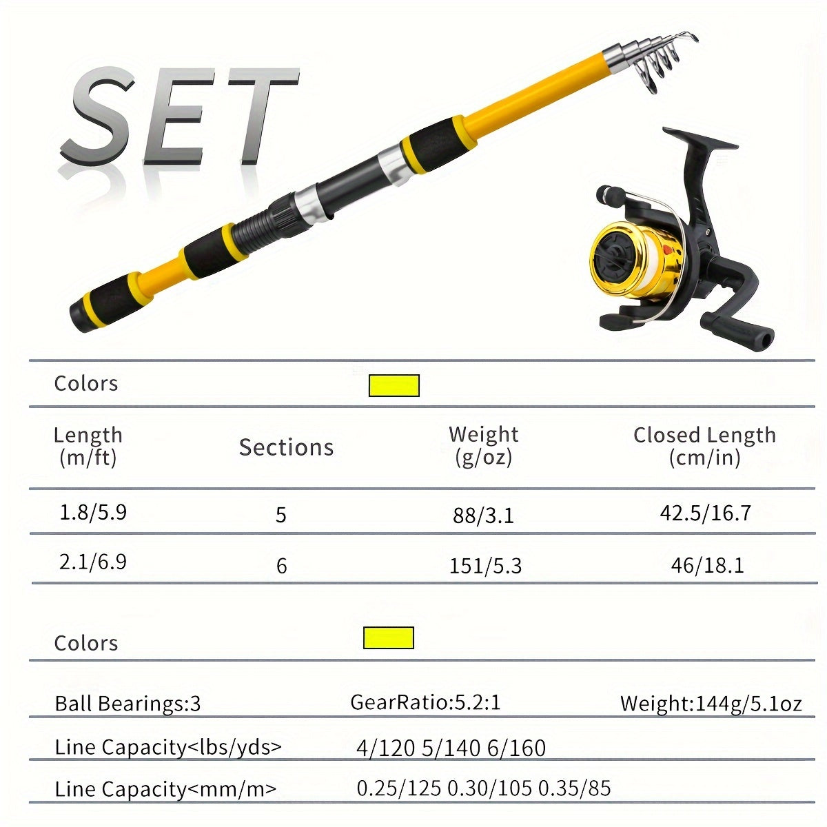 Compact fishing kit includes telescopic rod, pre-spooled reel, soft bait set, and carry case. Medium fast action, glass steel design suitable for various fishing locations. Great gift idea