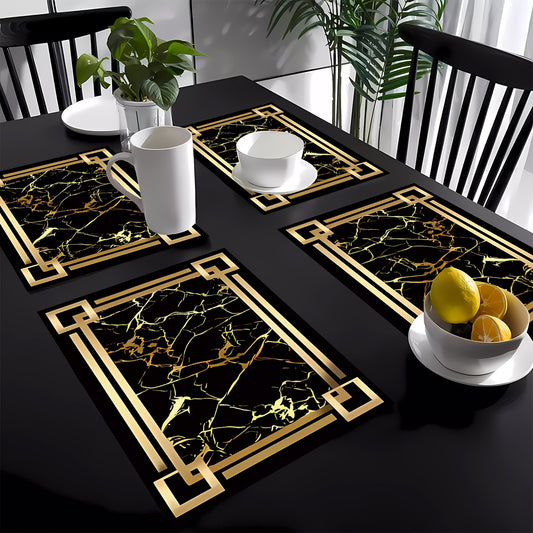 4 black and gold patterned table mats, ideal for kitchen or dining table décor and as a gift.