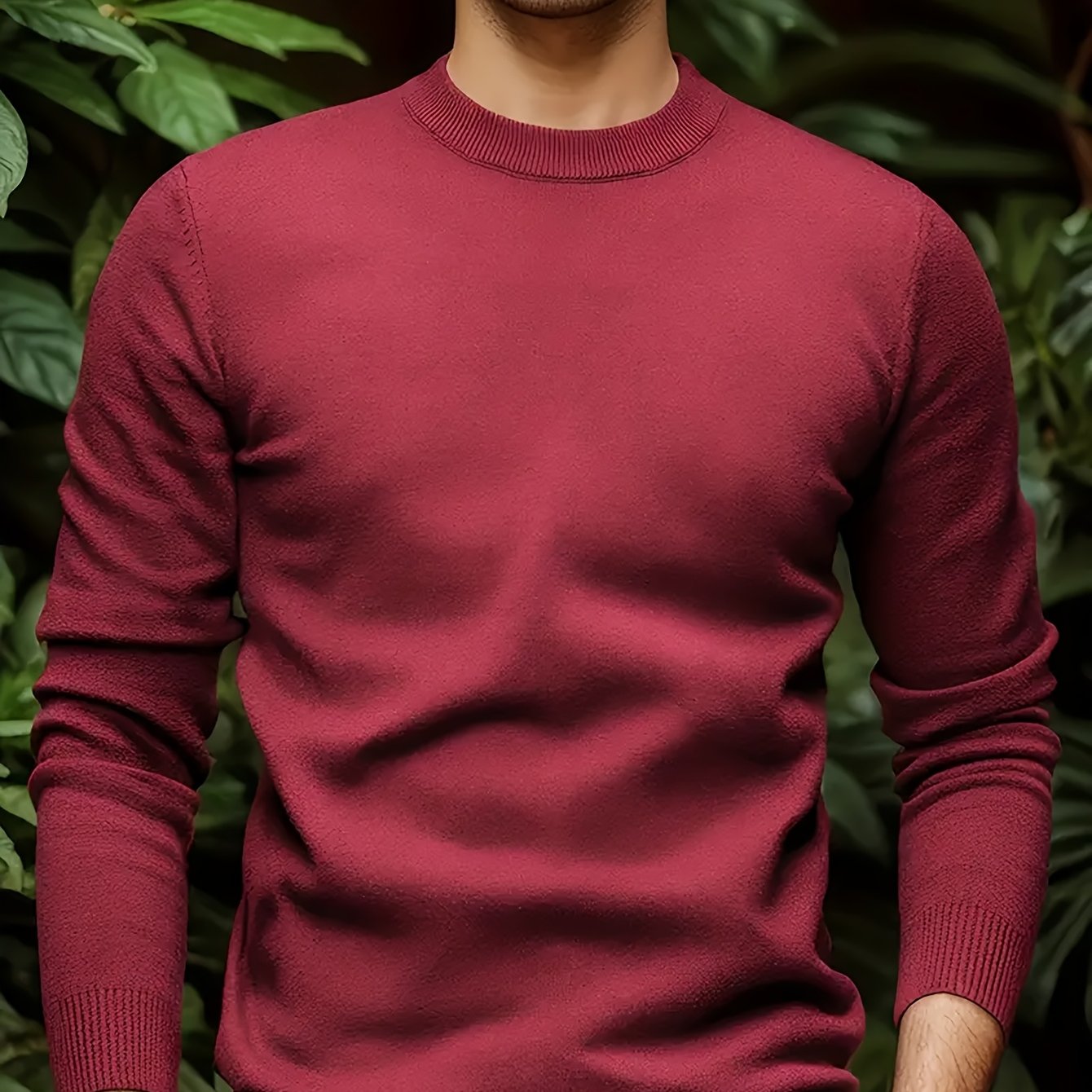 1 Men's casual crew neck sweater made of viscose knit with medium stretch, solid color, regular fit, long sleeve - ideal for autumn and winter.