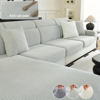 Light gray sofa cover designed to resist cat scratches, suitable for 1-4 seat sofas, made of non-slip, pet-friendly jacquard fabric with ribbed texture, ideal for living room and bedroom decor.