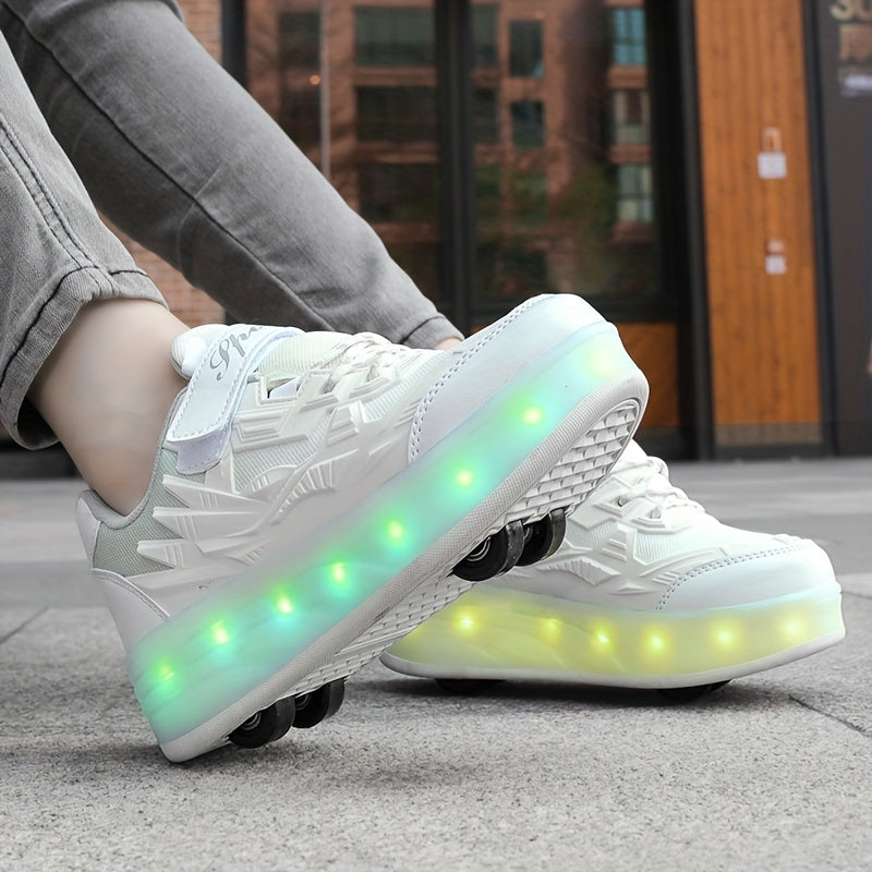 Stylish low top roller shoes with LED lights for girls, lightweight and breathable with anti-slip wheels for all seasons, suitable for indoor and outdoor use.