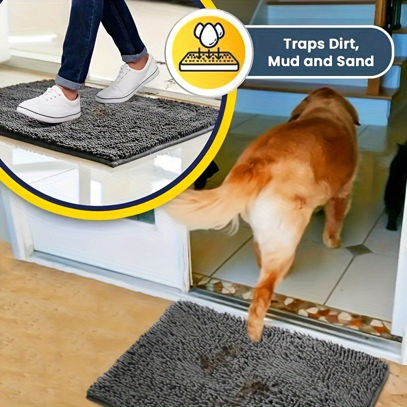 Microfiber dog door mat absorbs moisture and dirt, is non-slip, washable entryway rug for indoor floors.