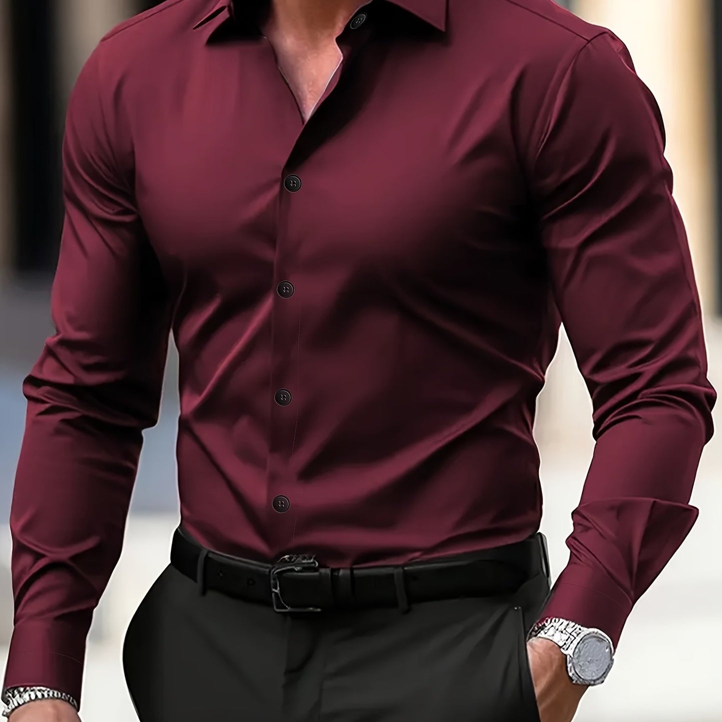 Men's sleek green long-sleeve dress shirt in polyester, semi-sheer material with lapel collar, ideal for business and formal occasions. Easy care, hand wash or dry clean. Versatile and