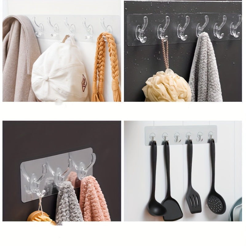 1 piece of No-Drill Row Coat Hooks, including Six-In-One and Three-In-One Transparent Adhesive Hooks for Hanging Clothes and Hats.