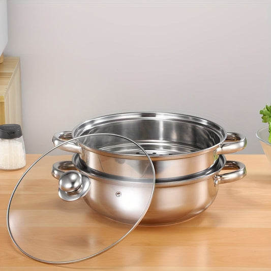 1 piece of Stainless Steel Double-Layer Steamer Pot with a Transparent Lid and Composite Bottom