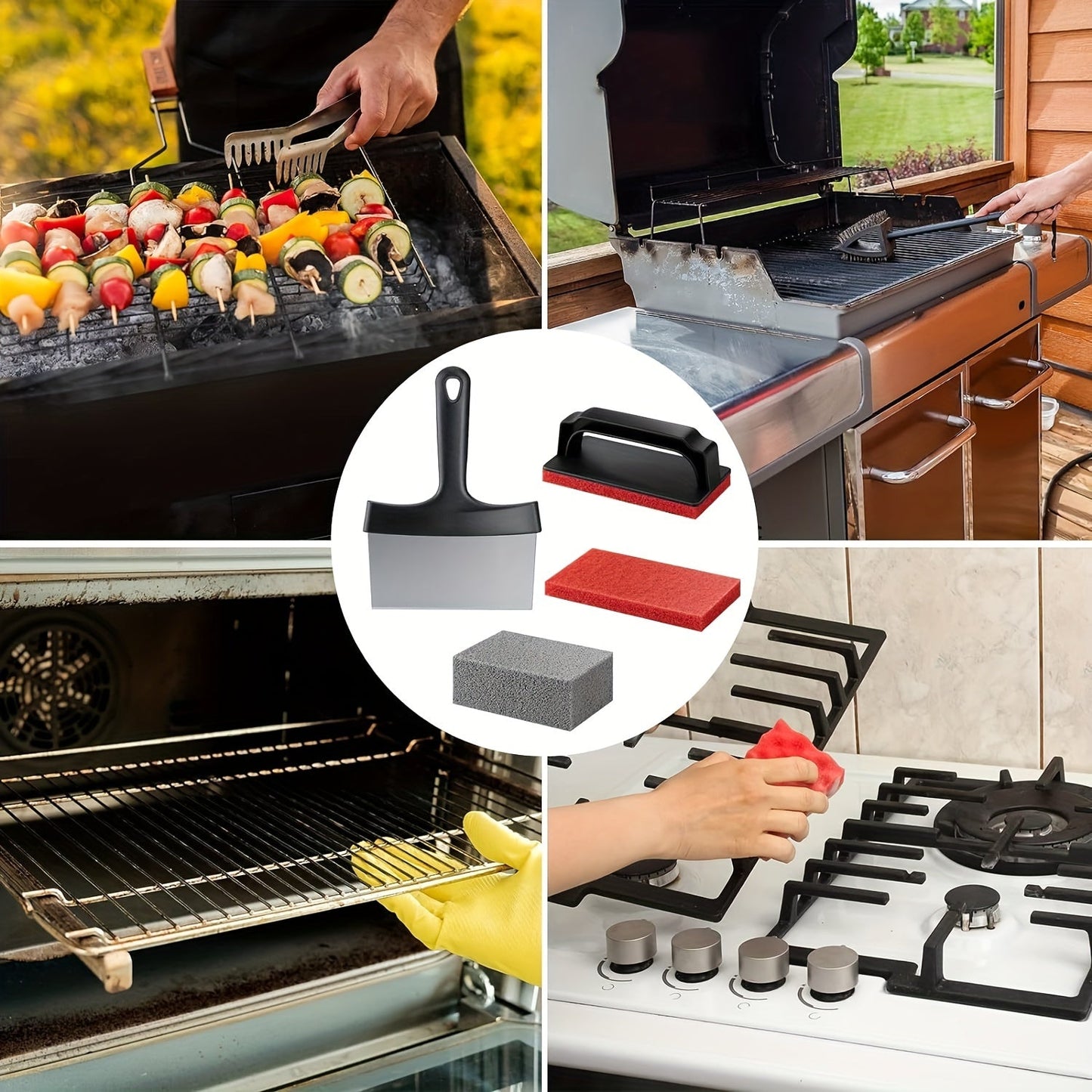 The heavy-duty Grille Cleaning Kit includes 6 Grille Stones, 40 Grille Brushes, Cleaning Pads with Handles, and a Grille Scraper for easy removal of stains on grills.