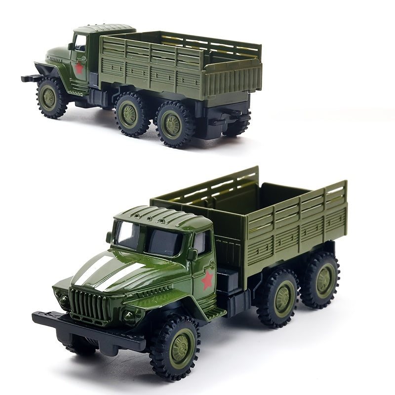 Zinc alloy military truck replica with manual pull-back operation, ideal for cake decoration, car decor, home and office desk ornament, and as a gift for collectors and army decor.