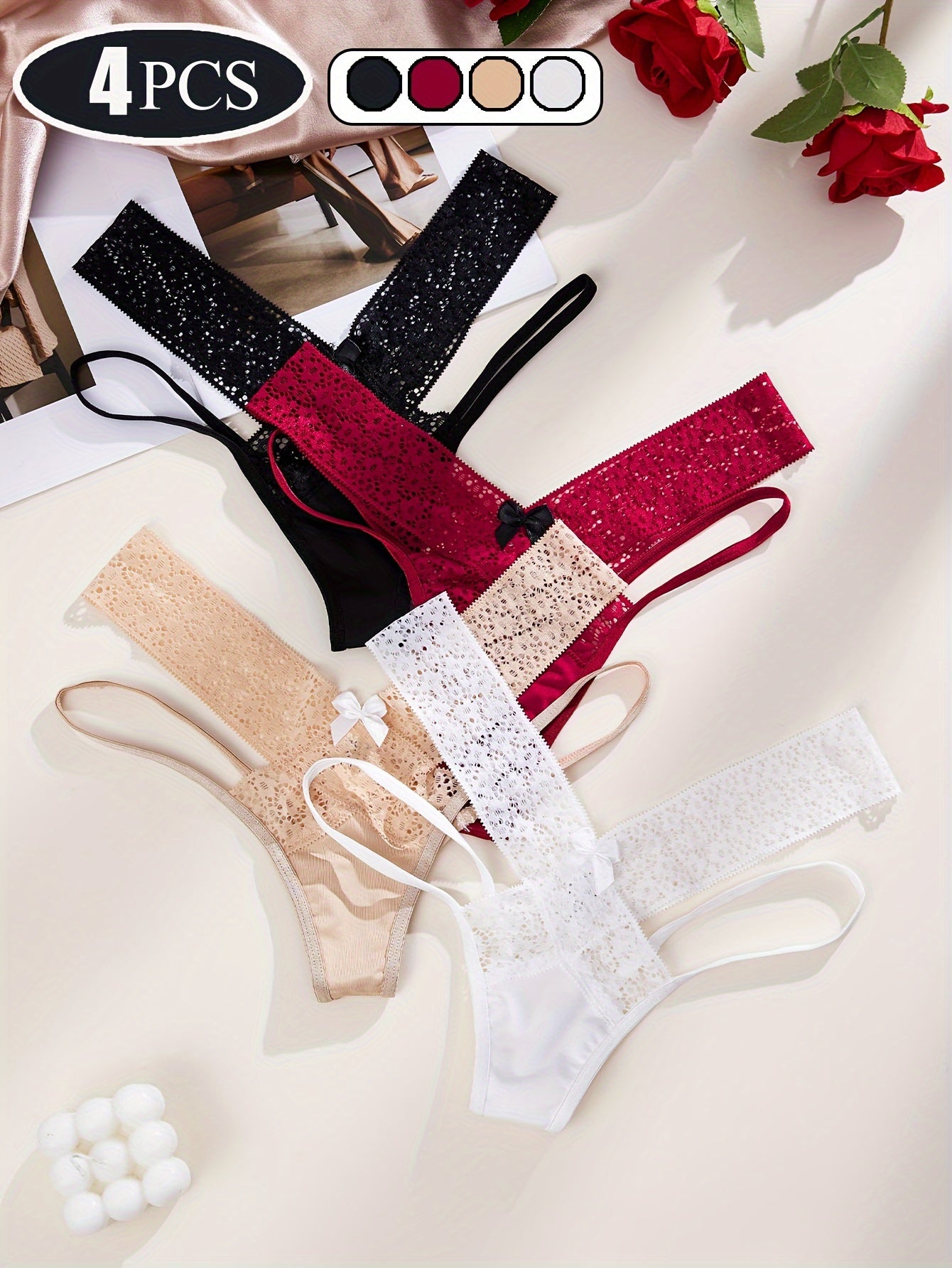 4-piece set of low waist panties with fashion charm, women's sexy and erotic underwear