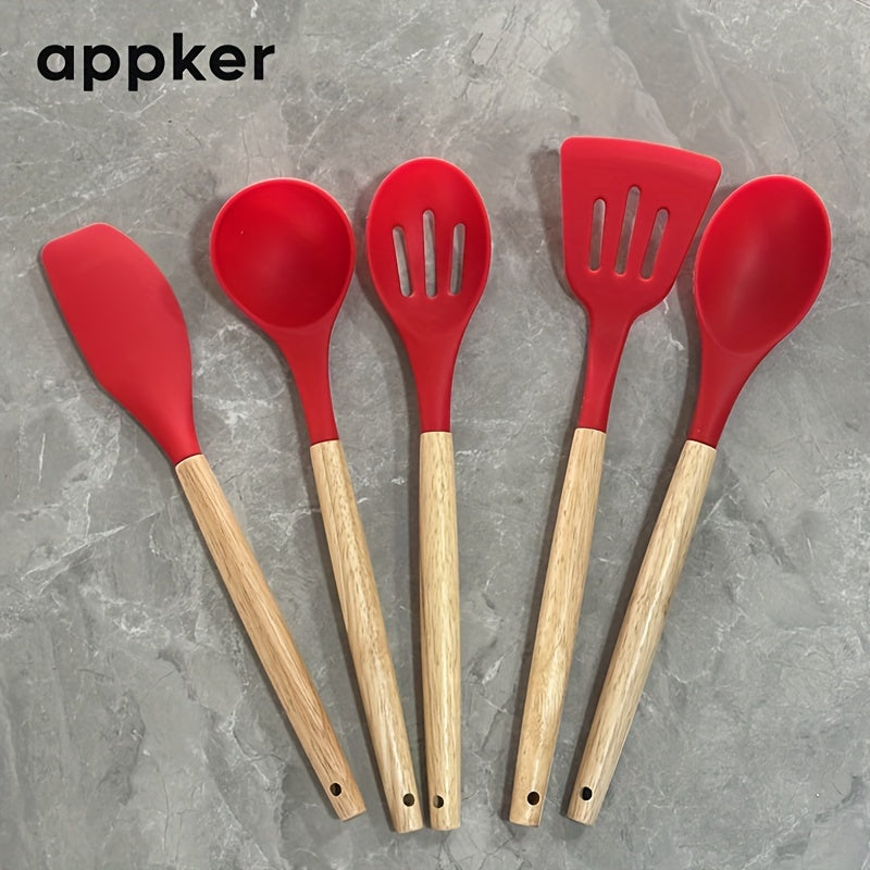 Appker's 5-piece Silicone Kitchen Utensil Set features Non-Stick, Safe Cooking Tools with Wooden Handles. Washable and Modern, this set is Perfect for Home Chefs.