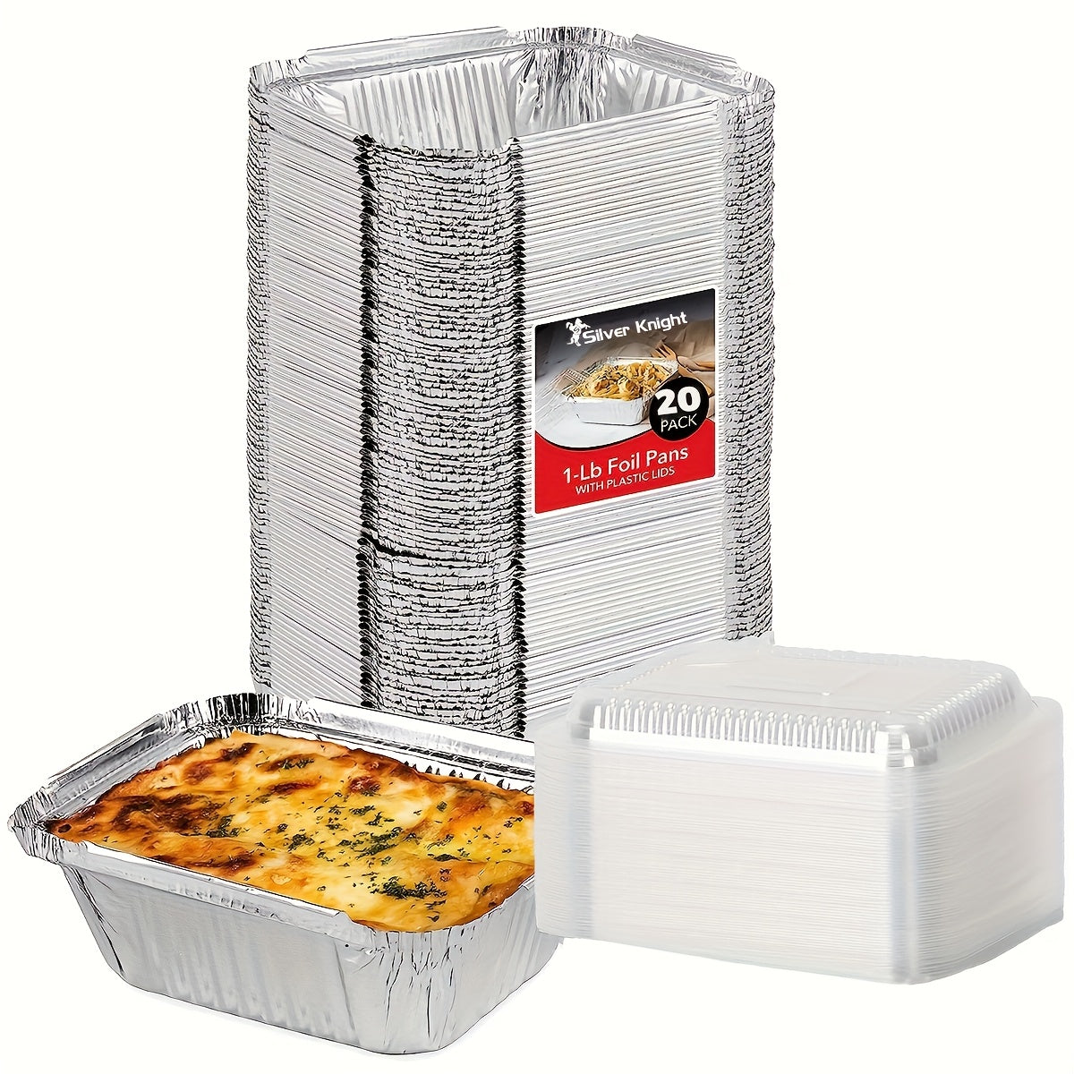 Get a pack of 20/50 pieces of 453.59g Aluminum Foil Pans complete with either plastic or board lids. Each container measures 14.99cm X 11.94cm and is perfect for storing leftovers or prepping food. These versatile tin foil pans are suitable for cooking