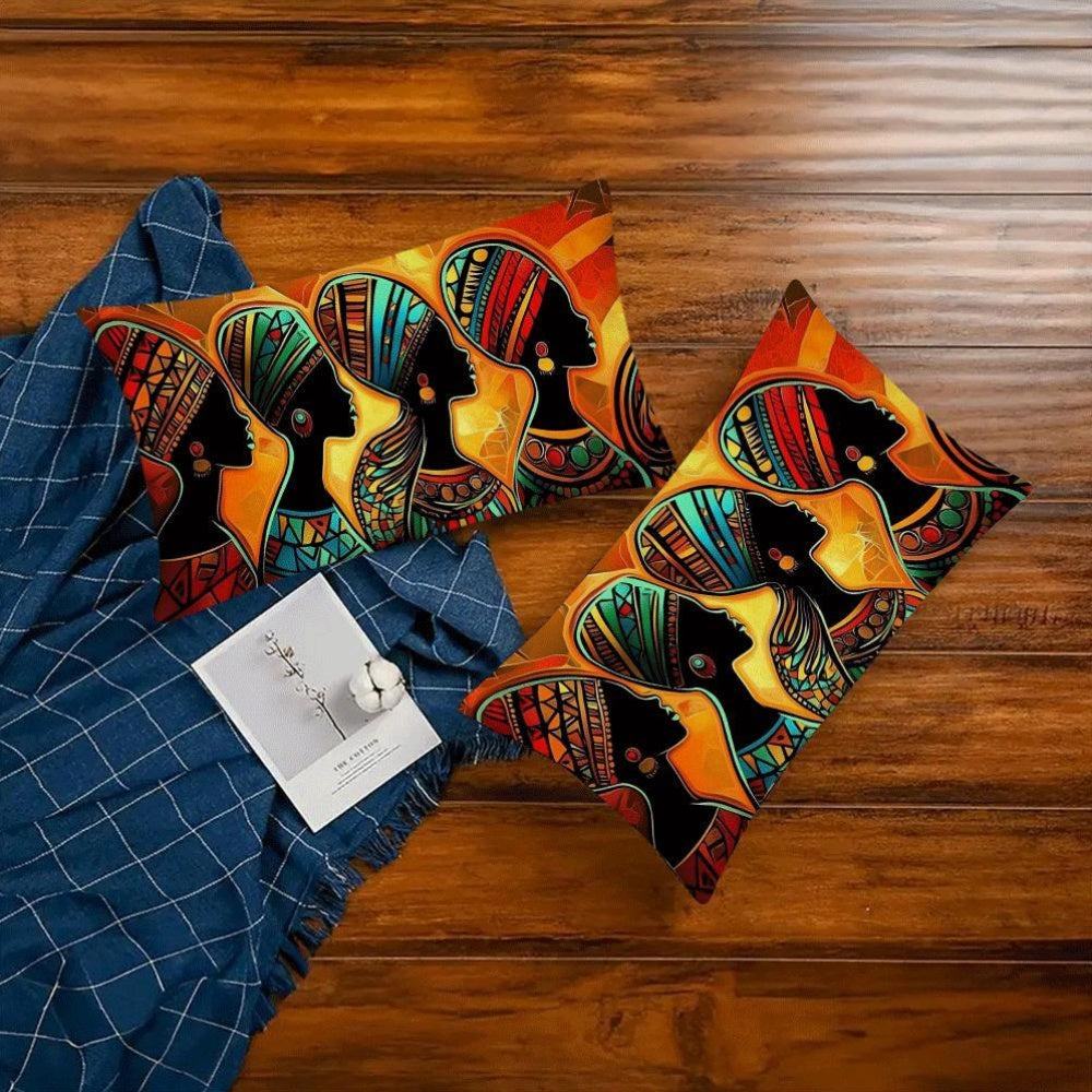 Two pieces of vintage African tribes abstract flannel cushion covers, measuring 50.8x30.48 cm. These covers are designed to be friendly for multi-position sleepers and are machine washable with a zipper closure. Ideal for use on the sofa, bed, or while