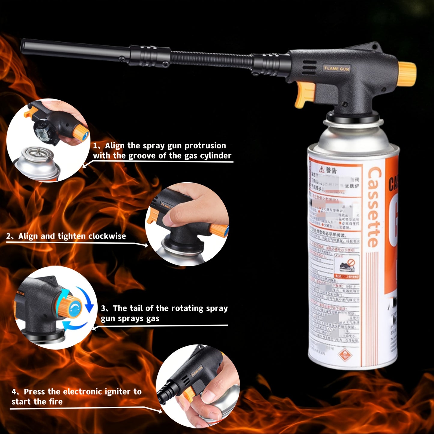 Portable 1 Butane Torch with Extended Hose for outdoor use, featuring a 360° rotatable cassette torch that reaches temperatures up to 1500℃, suitable for charcoal, cooking, barbecue, and