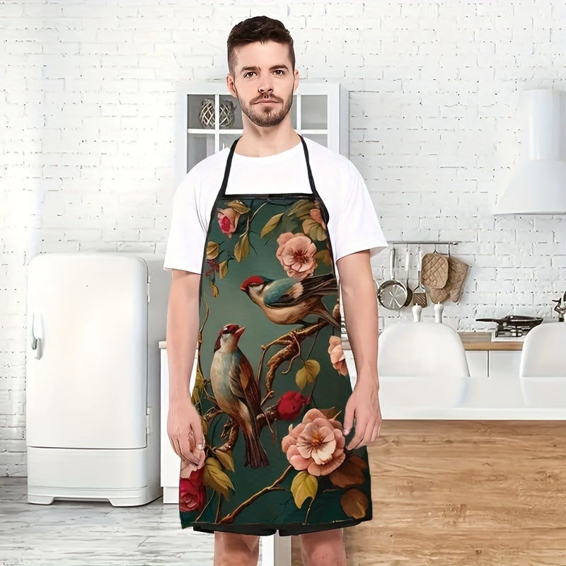 1 ta 100% polyesterdan yasalgan, oshpazlik va uy ishlariga mo'ljallangan, sozlanadigan bo'yinli gullar va qushlar printli apron