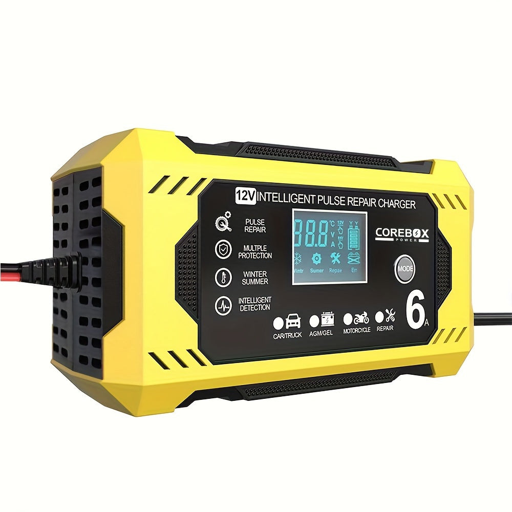 COREBOX 12V 6A Smart Battery Charger with LCD Display - Versatile lead-acid trickle charger for a variety of vehicles with overcharge, short circuit, and polarity protection. Portable and