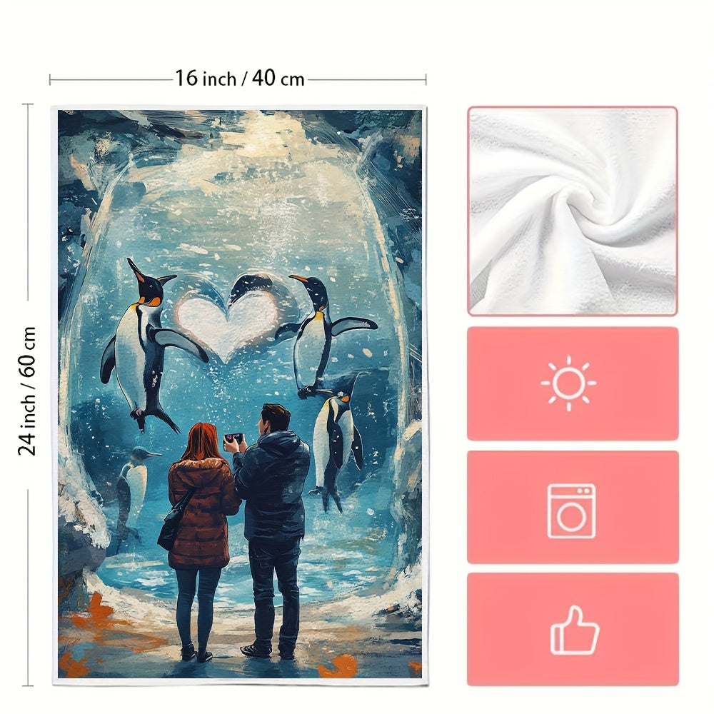 These ultra-soft kitchen towels showcase an adorable illustration of a couple having a great time at the zoo, admiring cute animals. Their favorite spot is by the penguin exhibit, where the penguins are swimming in a heart formation. The couple can't