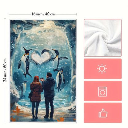 These ultra-soft kitchen towels showcase an adorable illustration of a couple having a great time at the zoo, admiring cute animals. Their favorite spot is by the penguin exhibit, where the penguins are swimming in a heart formation. The couple can't