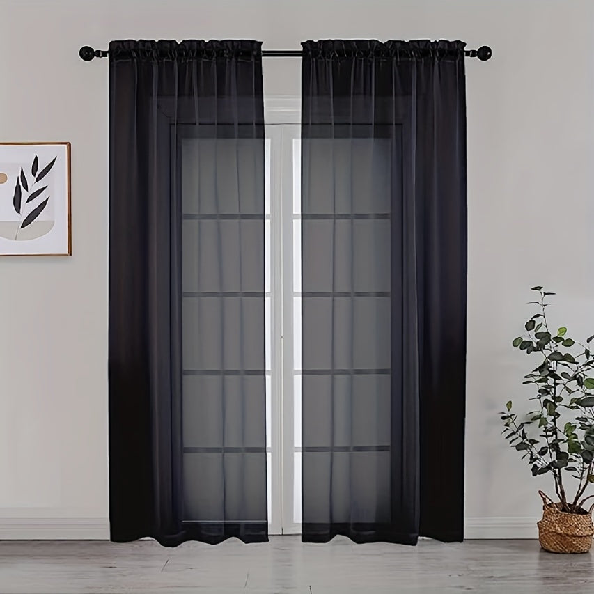 Two panels of sheer curtains with a basic rod pocket design, perfect for adding a touch of elegance to your bedroom, office, living room, yard, kitchen, or any other space in your home.