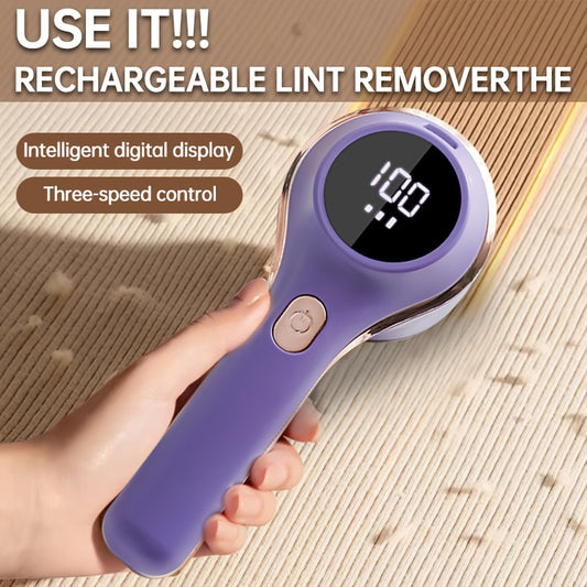 Smart rechargeable lint remover with digital display, 3-speed control, USB charging, automatic operation, 800mAh lithium battery for various fabric types.