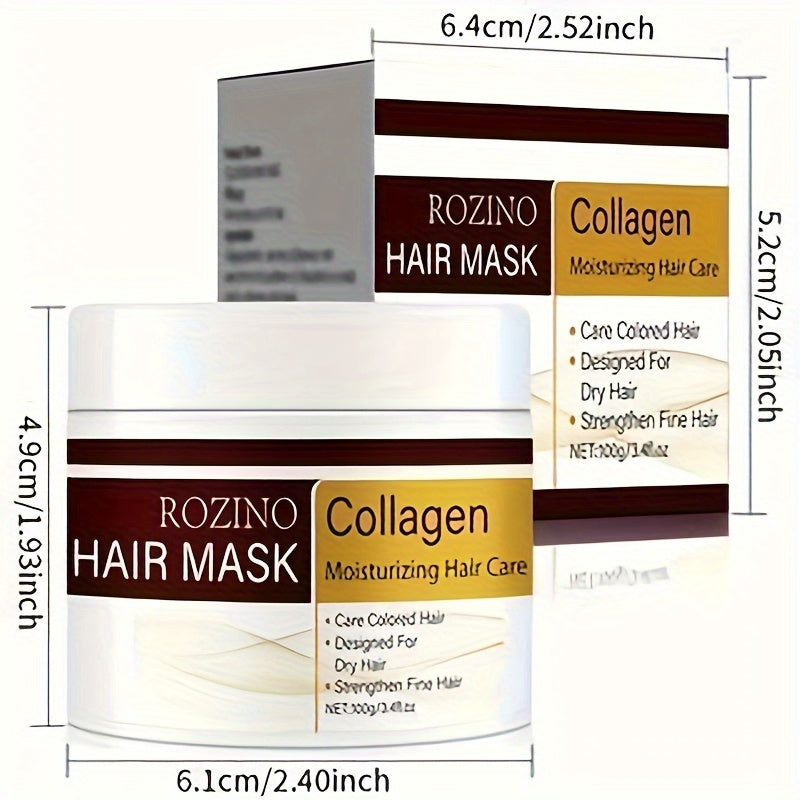 ROZINO Collagen Hair Mask: 100g moisturizing treatment for dry, frizzy hair. Long-lasting fragrance, hydration boost with glycerin. Adult formula, sleek packaging, enriched with collagen.